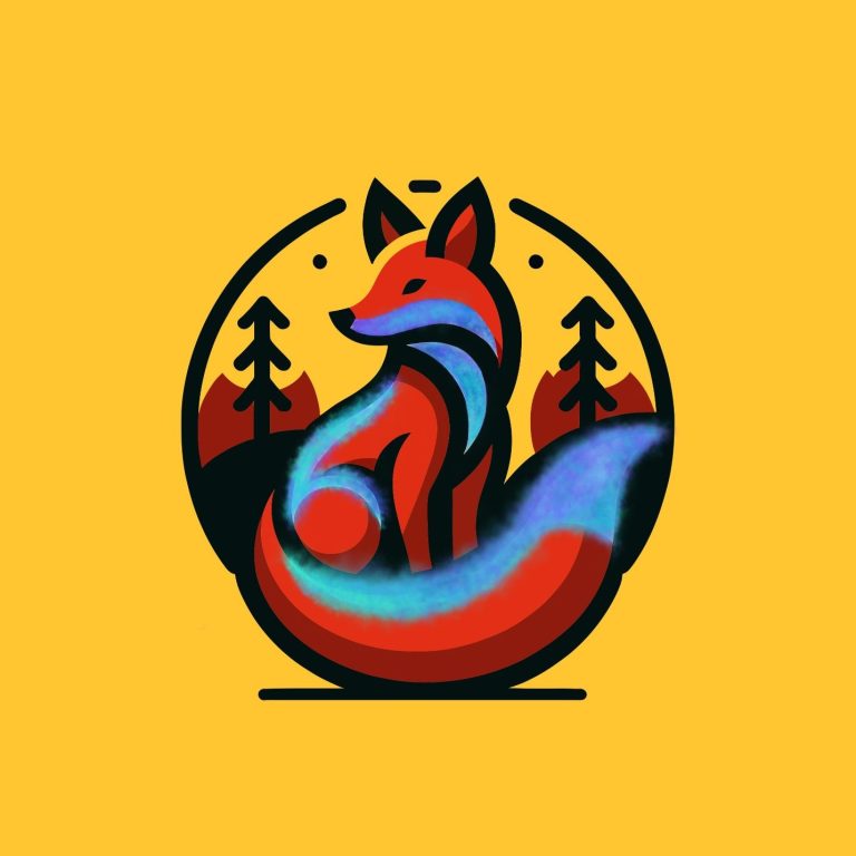 WANDELFUCHS Logo Bunter, stilisierter Fuchs vor einem gelben Hintergrund mit Bäumen.