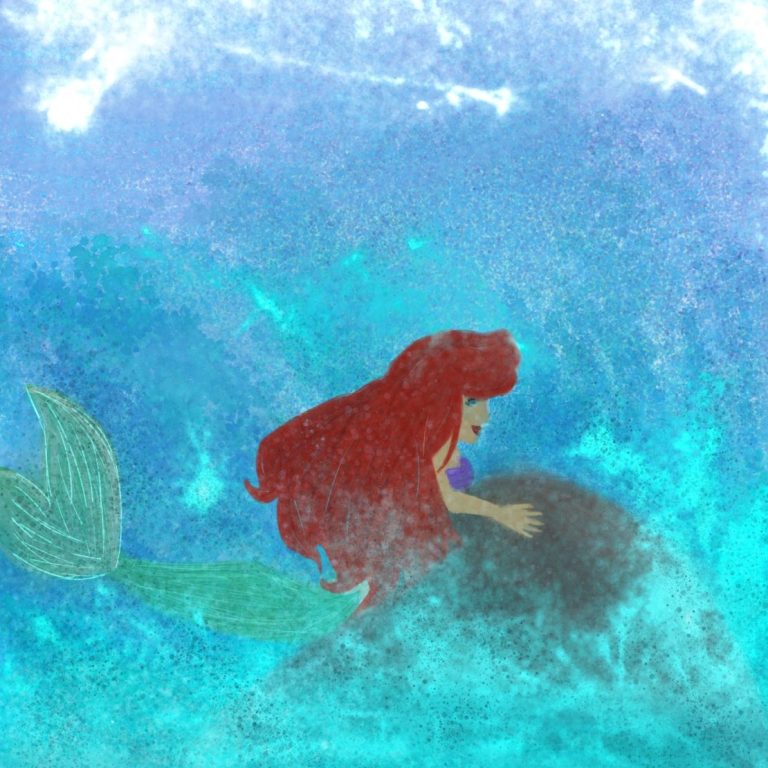 Kunstwerk "Arielle" Eine Meerjungfrau mit rotem Haar schwimmt durch blaues Wasser.