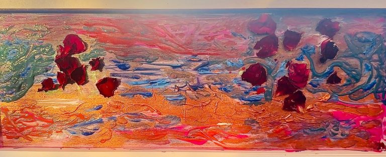 Kunstwerk "Rosenmeer" Farbenfrohes abstraktes Kunstwerk mit roten Blüten und Wellenmustern.